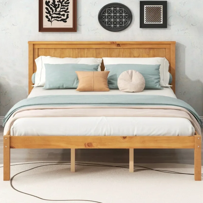 Queen Size Platform Bed Frame with Headboard, Wood Slat Support