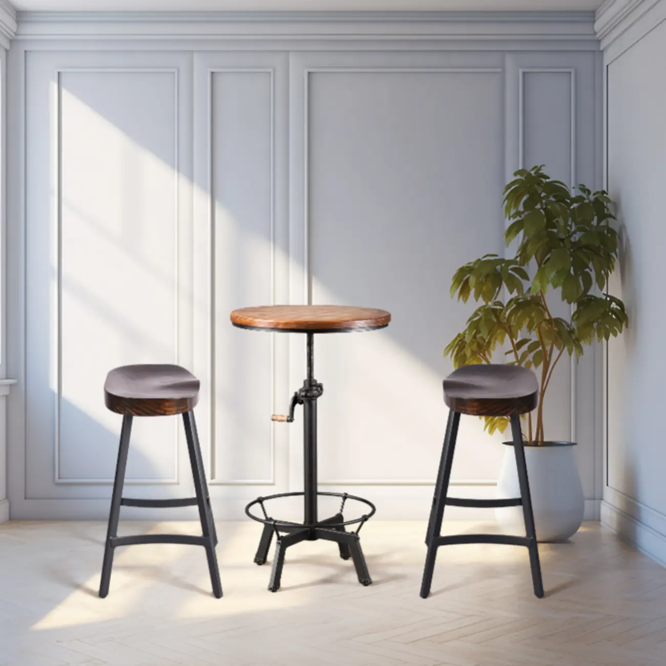 Adjustable Height Industrial Wood Iron Pedestal Bar Table