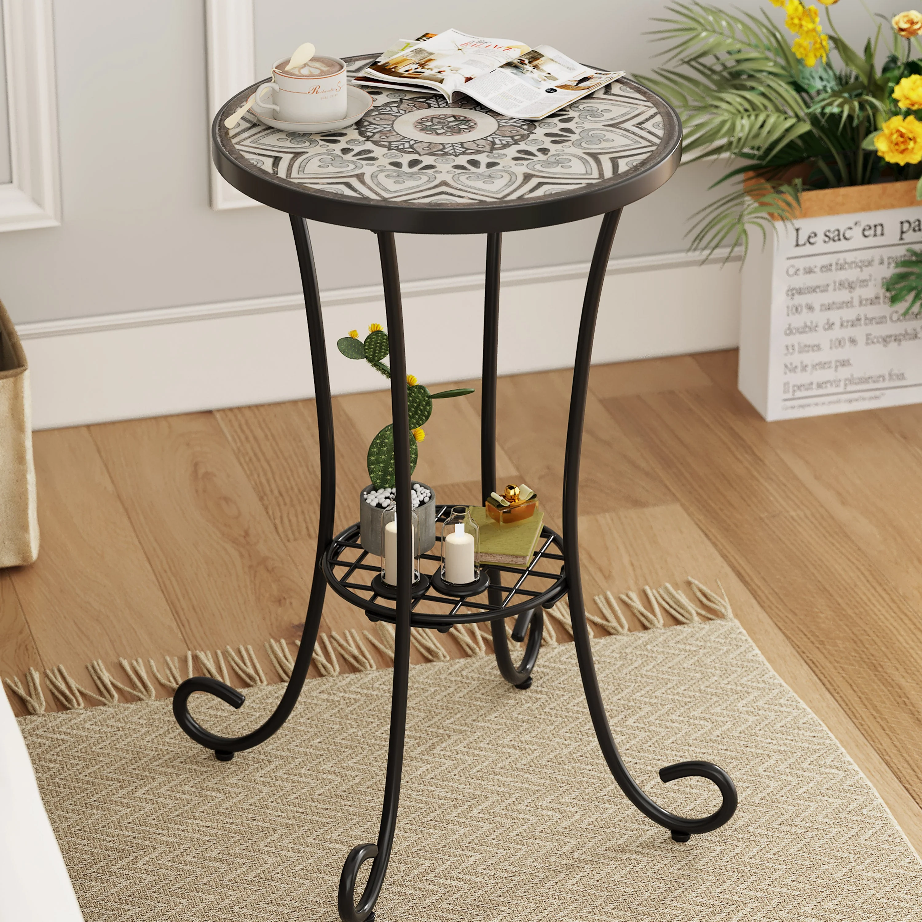 Outdoor Patio Floral Ceramic Side Table, Ceramic Tile