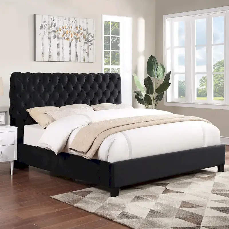 Velvet Upholstered Tufted Bed, King Size, Black