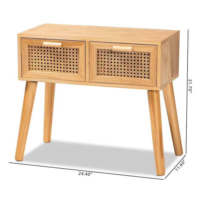 Falan Mid-Century Modern 2-Drawer Wood Console Table with Rattan-Oak