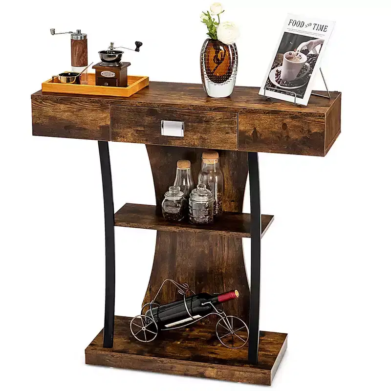 Console Sofa Table with Drawer & 2-Tier Shelves, Black & Rustic Brown, 16