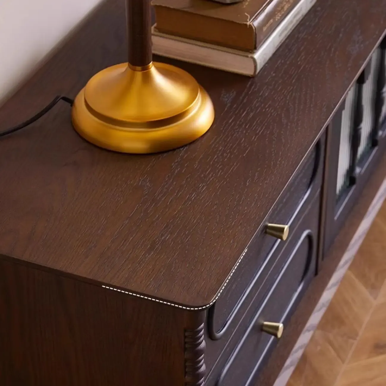 Cable Management Art Deco Wood TV Stand with Drawers