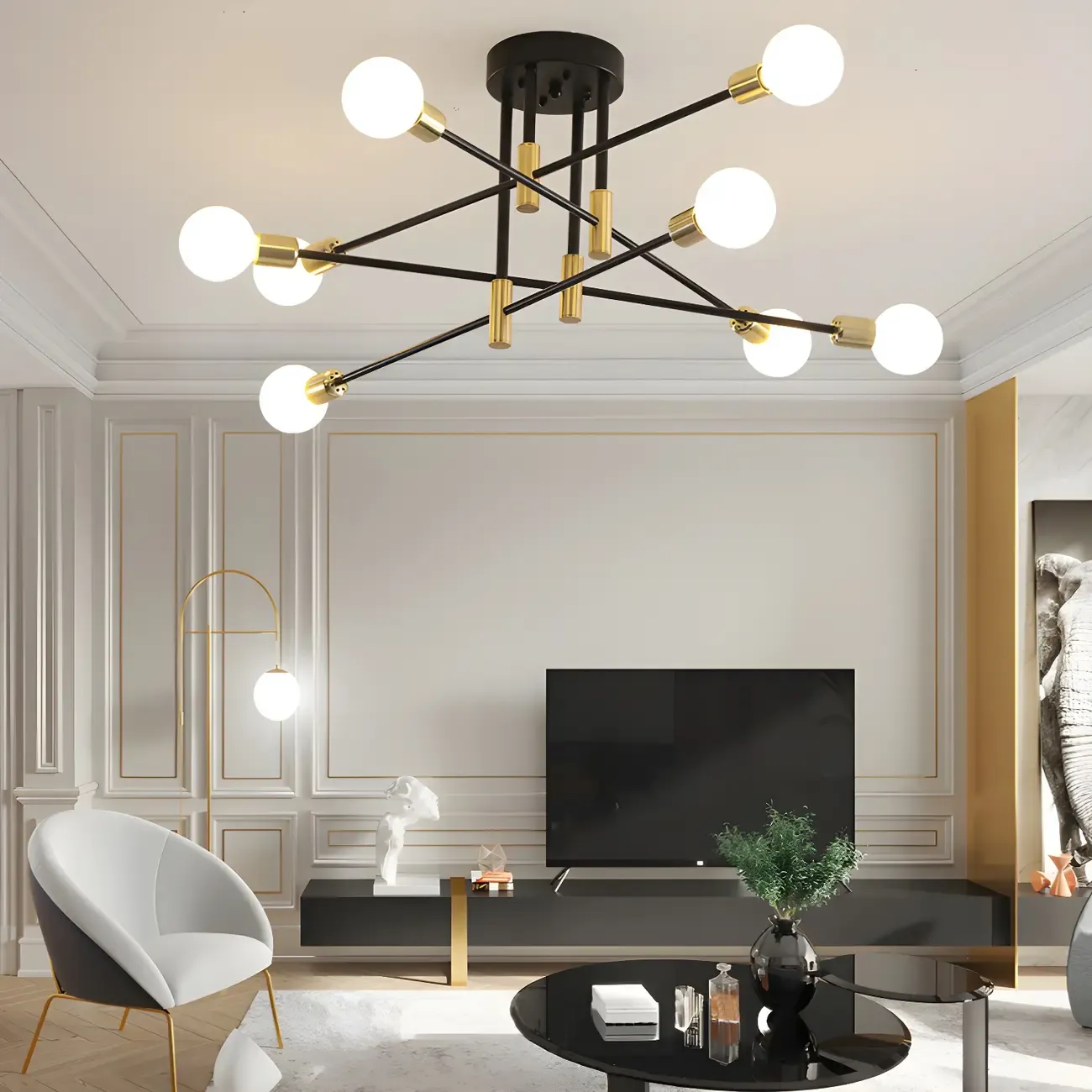 Modern Industrial Black Gold Sputnik Semi Flush Ceiling Light