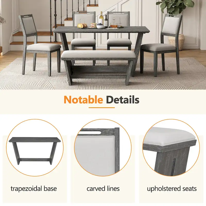 6 Pcs Dining Table Set, Wood Dining Kitchen Table and Chairs Set with Rectangular Table, 4 Upholstered Chairs and 1 Bench