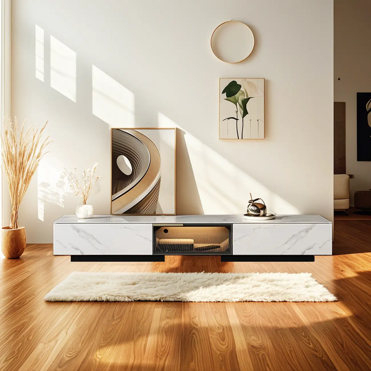 Black Modern Stone Rectangle Drawers TV Stand with LED Lights