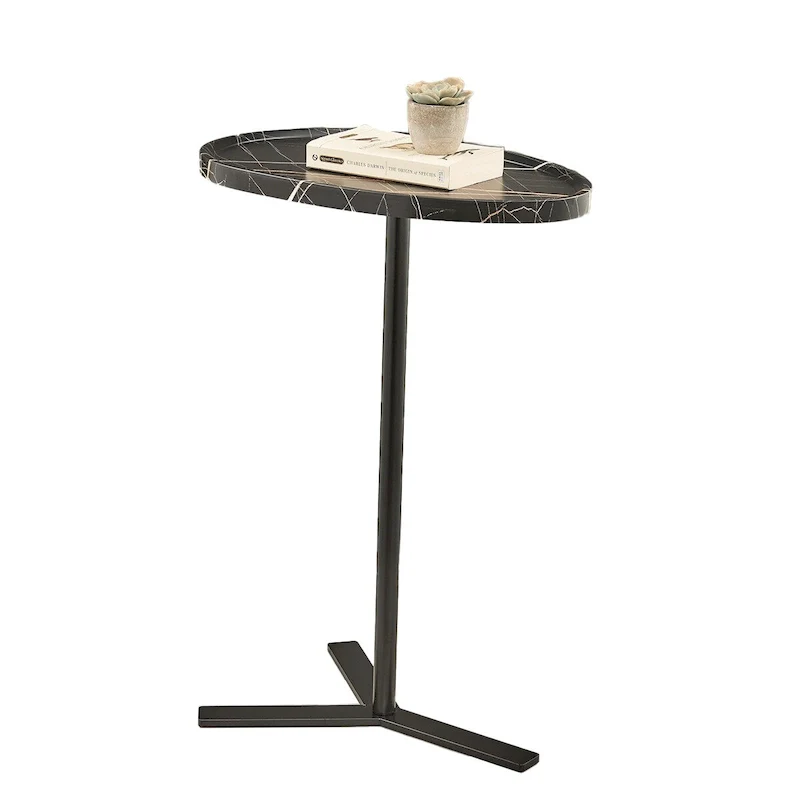 Oval Teardrop Modern Raised Lip Edge Couch-Side Accent C-Table with Crossed Y-Shape Metal Pedestal Leg