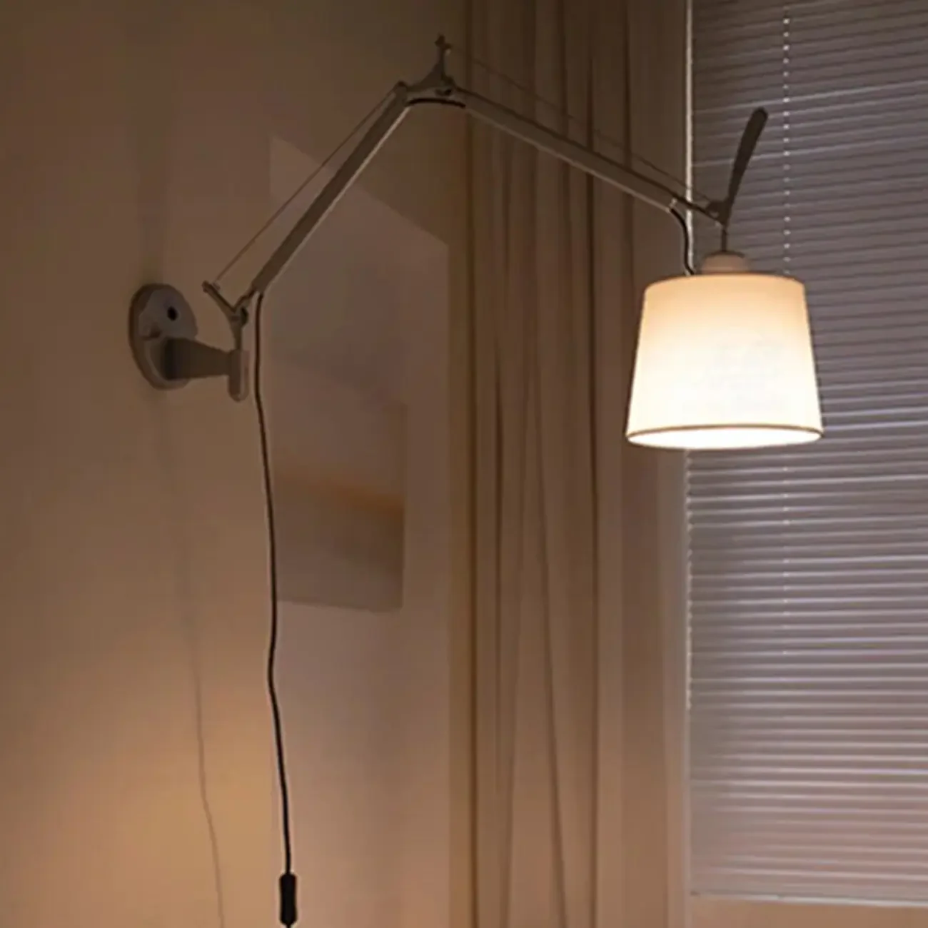 Modern Silver Swing Arm Wall Light with White Fabric Shade