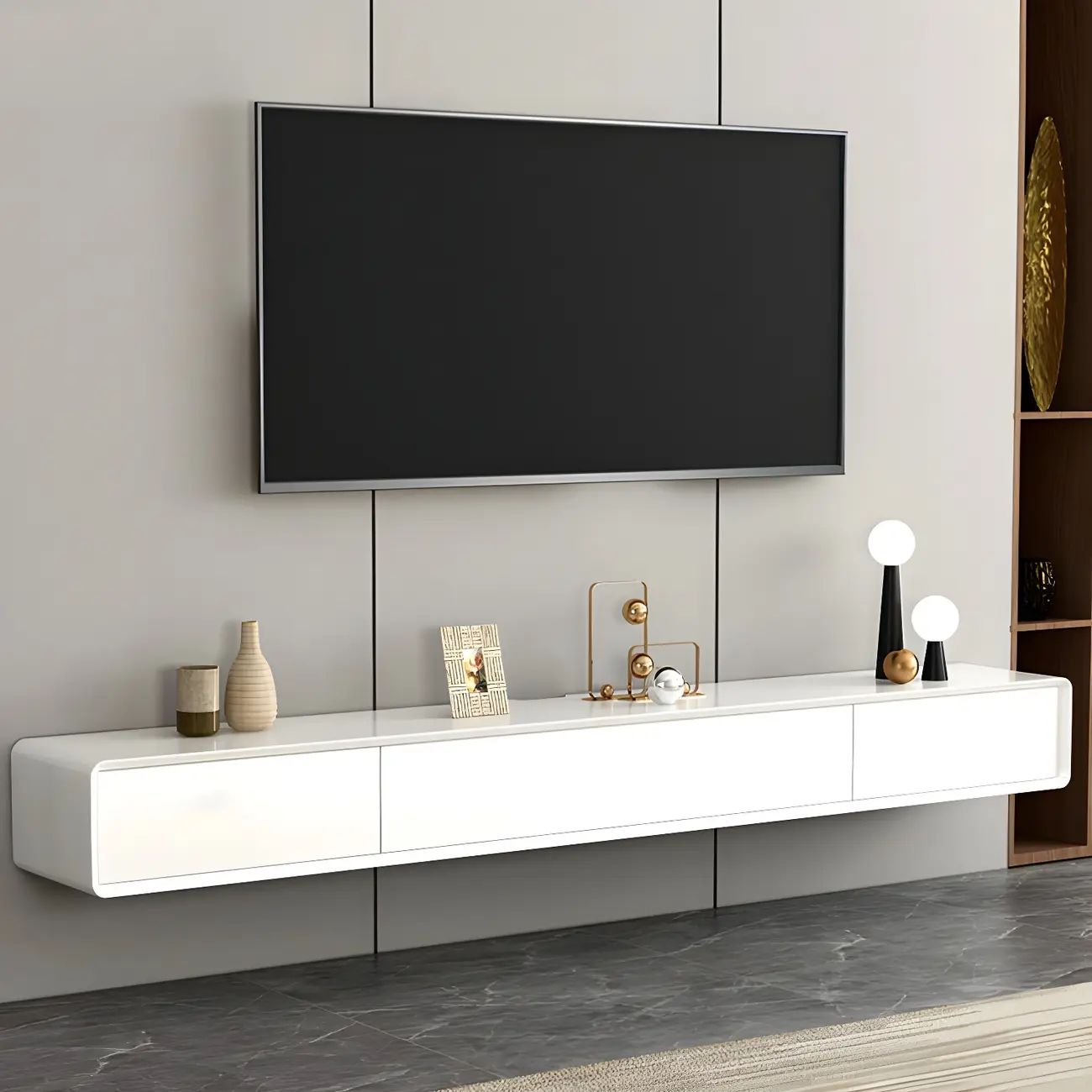 White Floating Mount Wood Drawers Cabinet TV Stand
