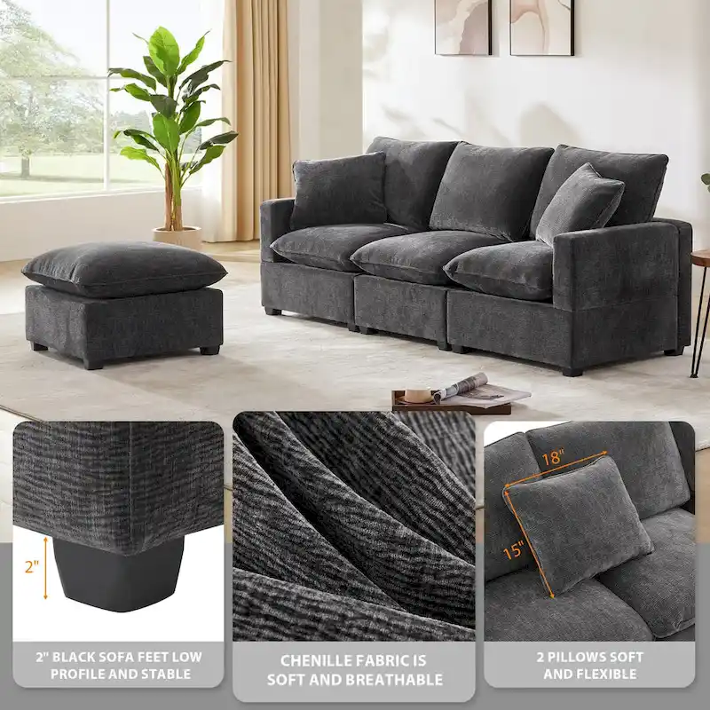 Nestfair Modern Modular Sofa 4 Seat Chenille Sectional Couch Set with 2 Pillows Included