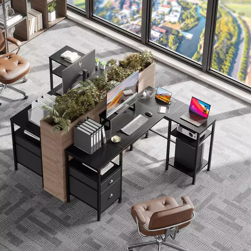 Black L-Shaped Corner Desk with Monitor Stand & File Drawer, 1-Person