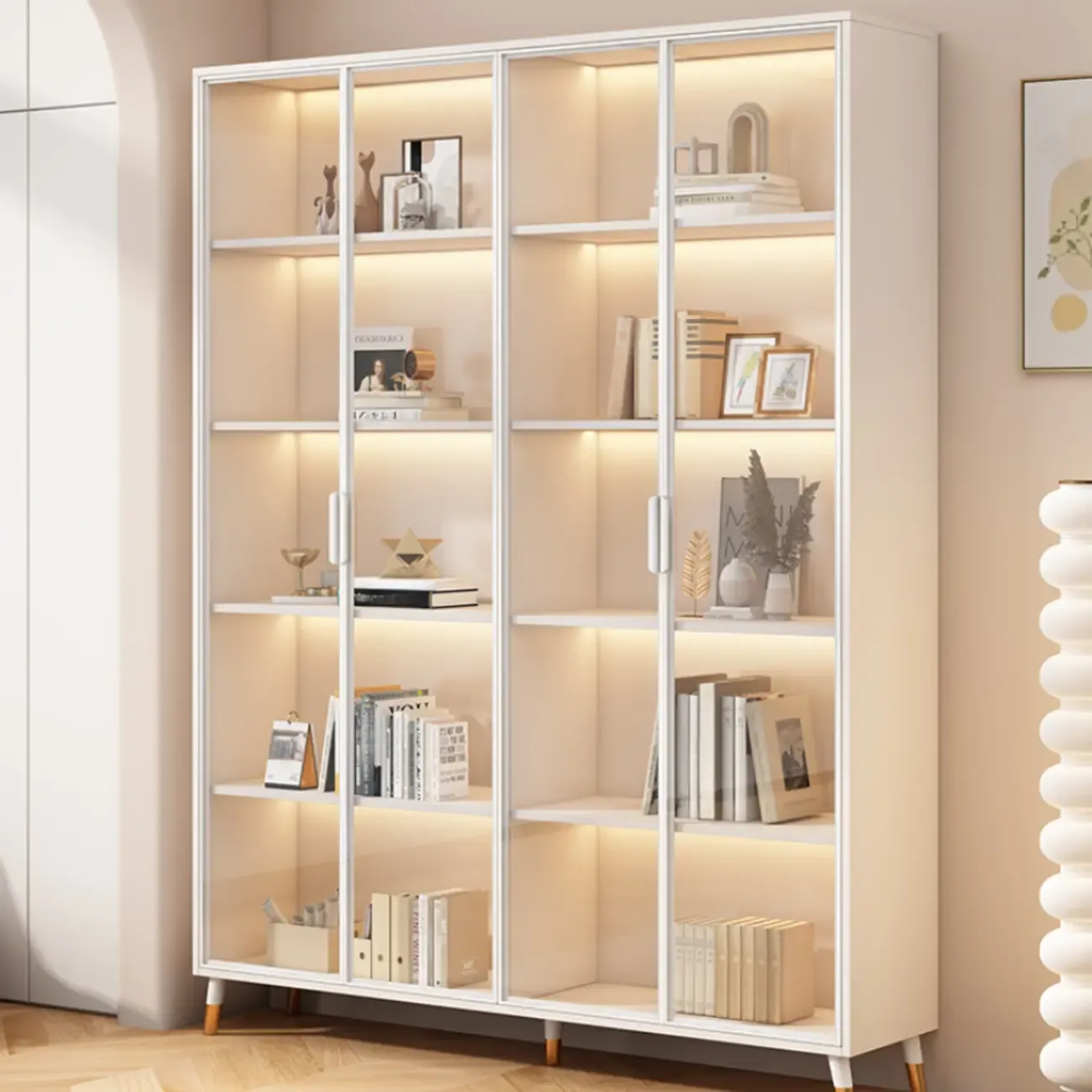 White Wooden 5 Tiers Display Cabinet with Glass Doors