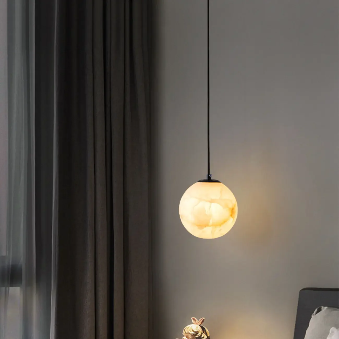 Modern Stone Globe Pendant Light Black Metal Hanging
