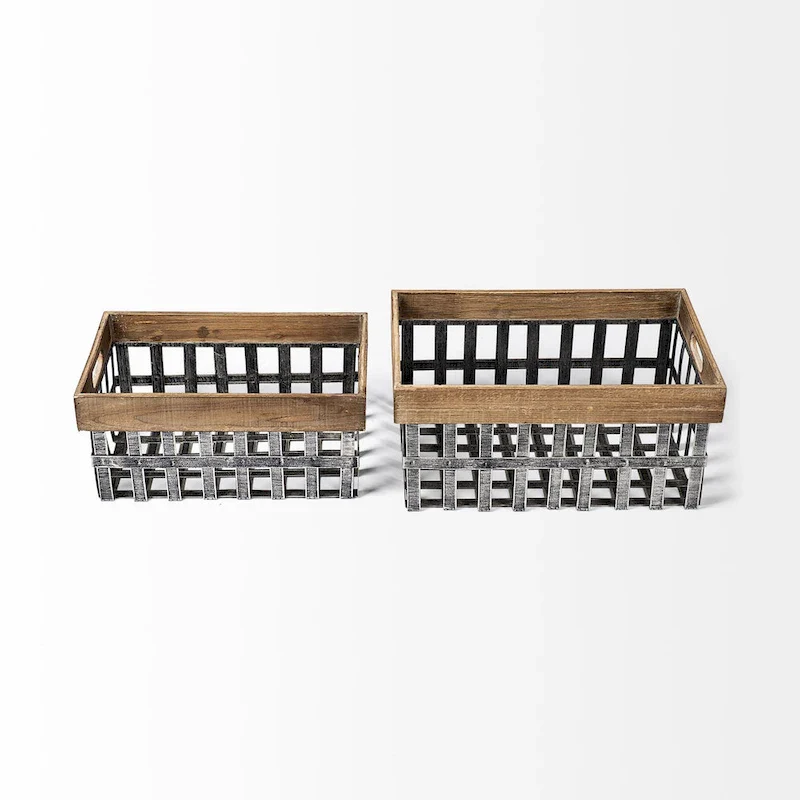 Chartrand Wood And Metal Open Crate Style Baskets, Set of 2 - Small