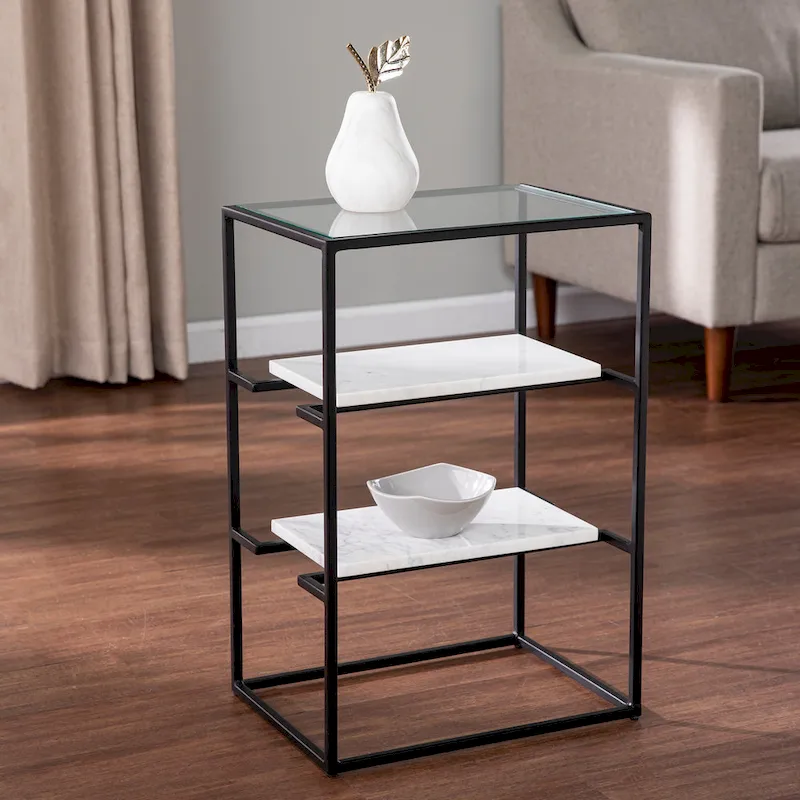 SEI Furniture Piesby Glass-Top End Table with Marble Shelving, Black/White