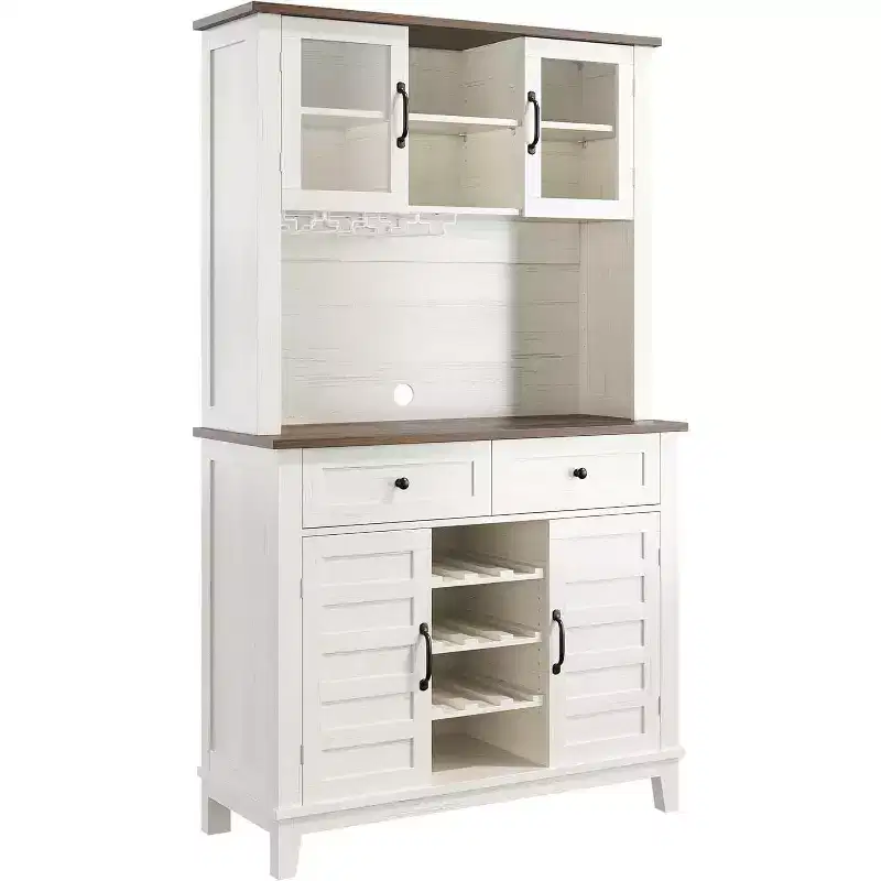 Acekool 72 Tall Kitchen Pantry Cabinet with Hutch, 4 Doors, 2 Drawers, Wine & Glass Rack, Adjustable Shelves, Large Buffet Storage,White