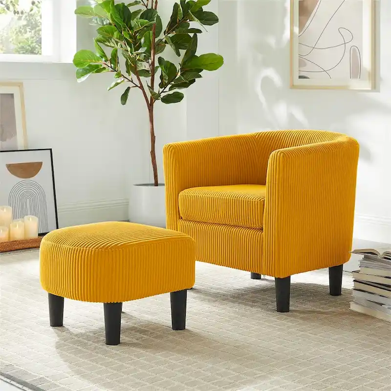 Modern Fabric Upholstered Accent Chair with Ottoman Foot Rest