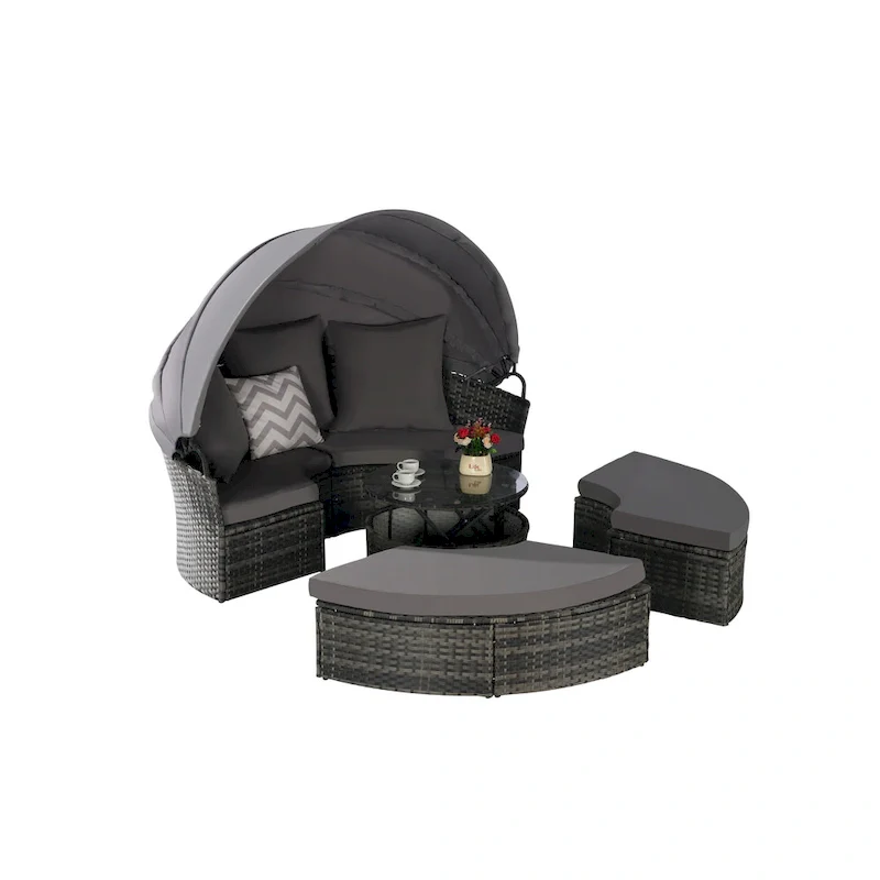 5-Piece Round Daybed Sunbed with Canopy & Removable Cushions