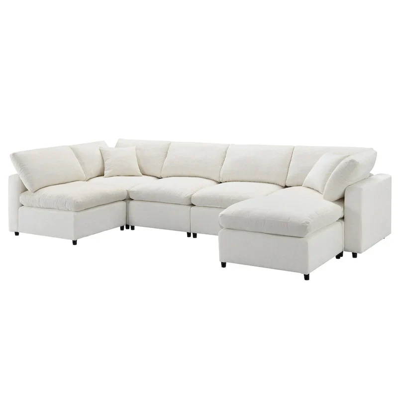 Beige 130 Chenille Cloud U-Shaped Sleeper Sectional Sofa, 6-Piece Modular Design