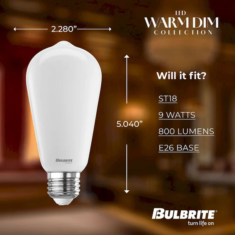 Bulbrite 9 Watt LED ST18 Light Bulbs, Warm Dimming 3000K (Soft White) - 1800K (Candlelight), 800 Lumens, (2 Pack) - Pack of 2