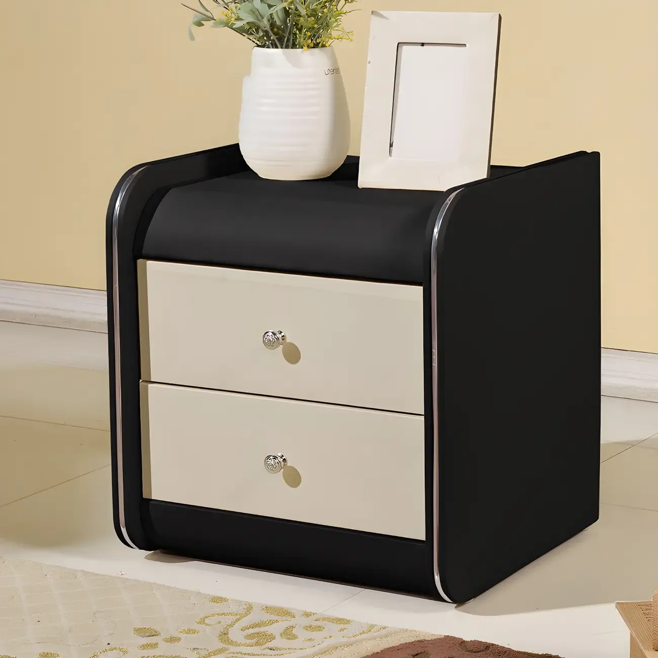 Stylish Narrow Faux Leather Bedside Table with 2 Drawers