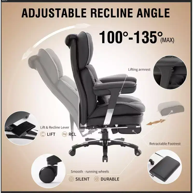 Big and Tall Office Chair with Footrest - Efomao High Back Executive Desk Chair with Wide Seat, Adjustable Armrests, Ergonomic Computer Chair, Black