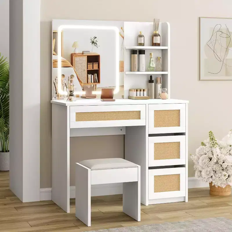 Acekool White Rattan Vanity Desk with Adjustable LED Mirror Light, 4 Drawers & 2 Open Shelves, Spacious Makeup Table for Bedroom