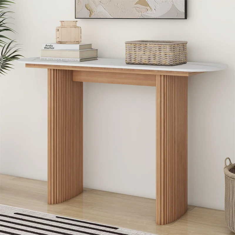 Marble Console Table Entryway Table with Fluted Base