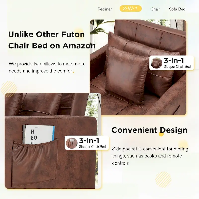 AECOJOY Adjustable Sleeper Chair Bed 3-in-1 Convertible Futon Sofa