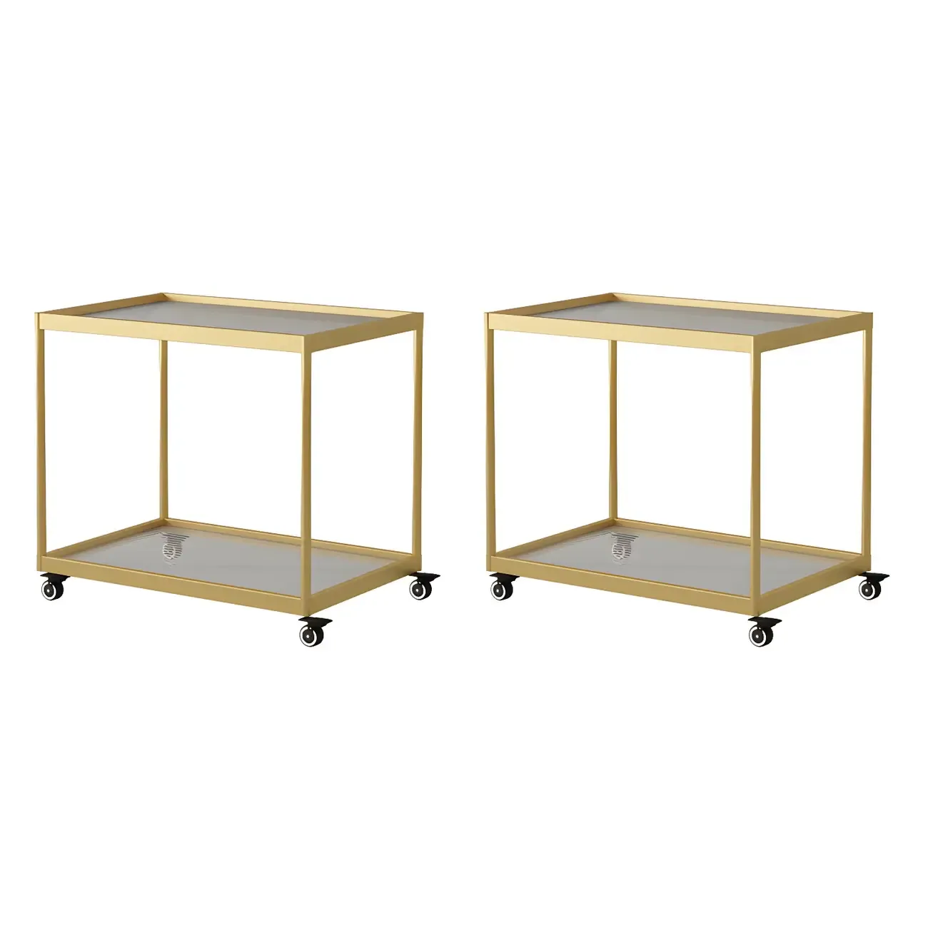 Gold Glass Rectangular Top Shelf Side Table on Wheels