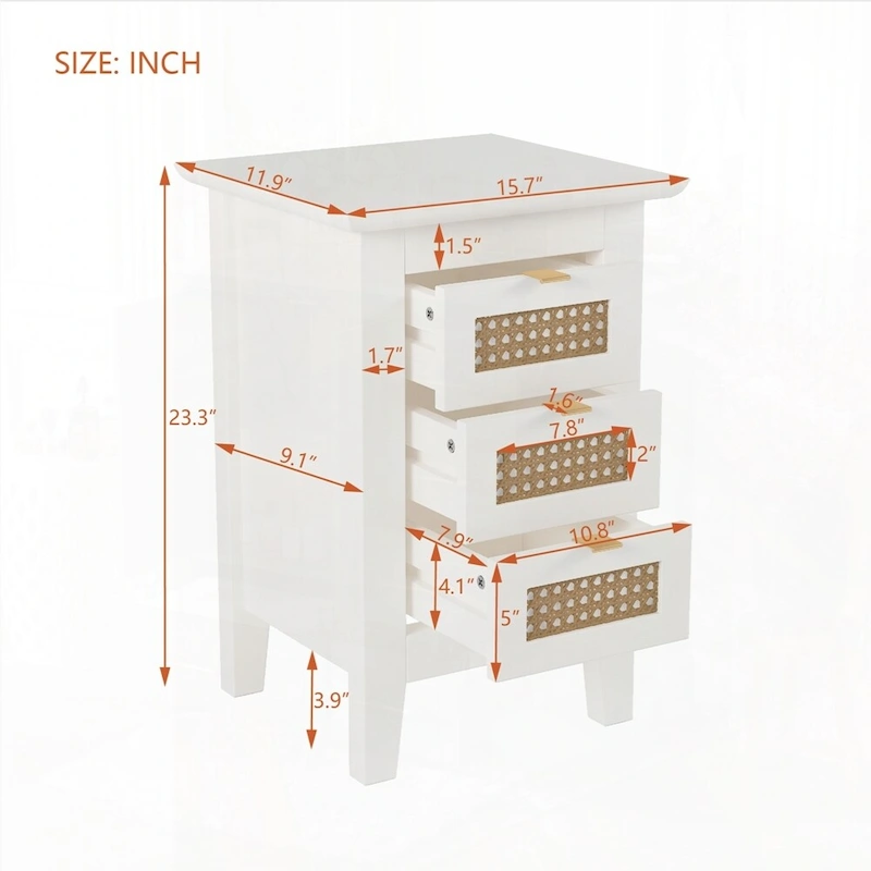 Wooden Nightstands Set of 2 with Rattan-Woven Surfaces and Three Drawers