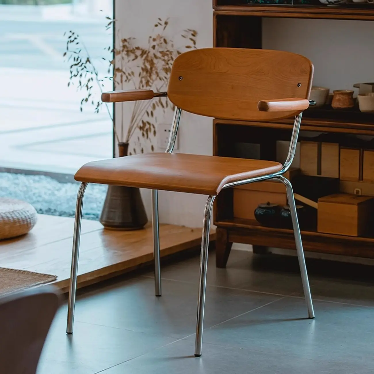 Retro Wooden Dining Chair with Armrests & Chrome Frame