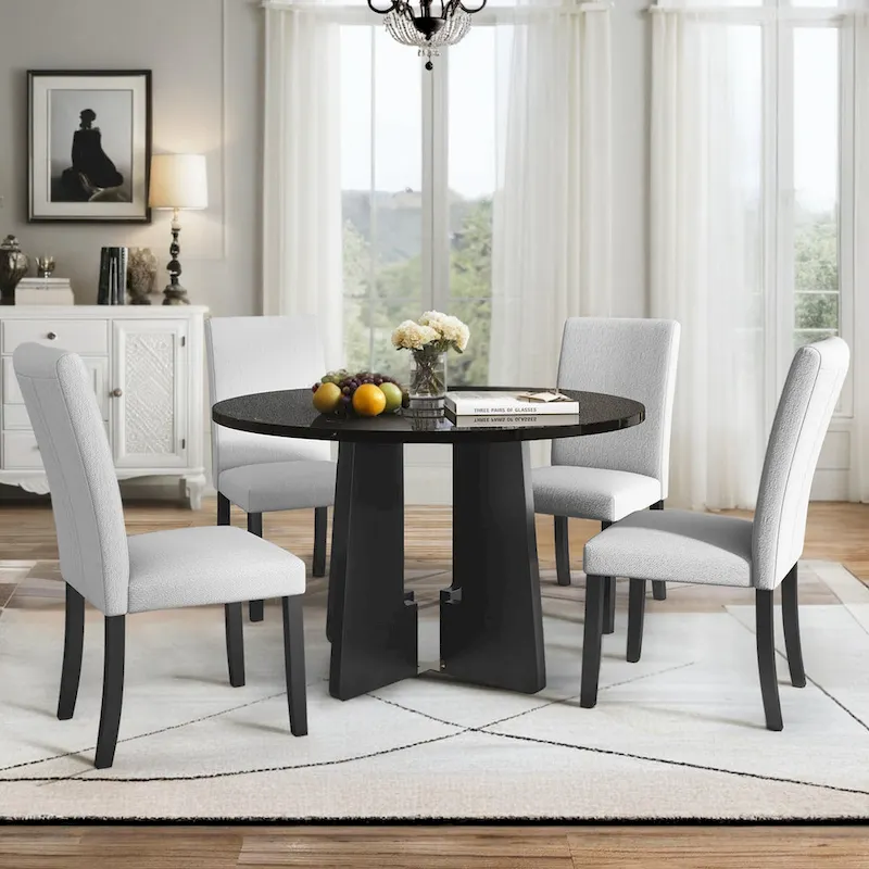 5 Pcs Wood Kitchen Table and Chair Set, 4 People Round Dining Table Set with Faux Marble Top and 4 Upholstered Chairs