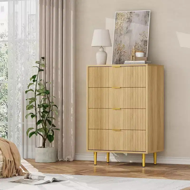 Natural Wood Grain / Olive Green / Warm White 5-Drawer Tall Fluted Dresser
