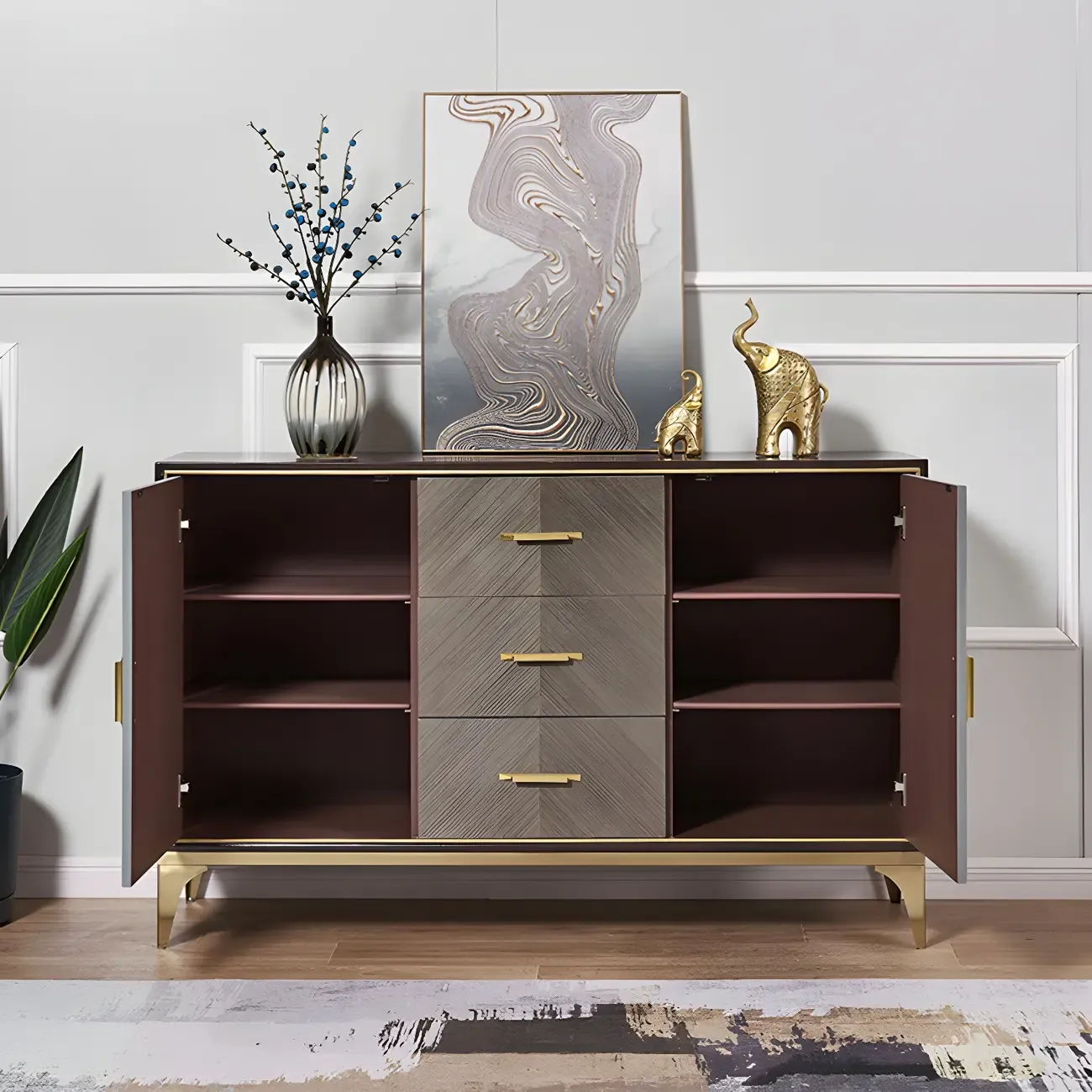 Glam Wooden Sideboard with Drawers & Adjustable Shelves