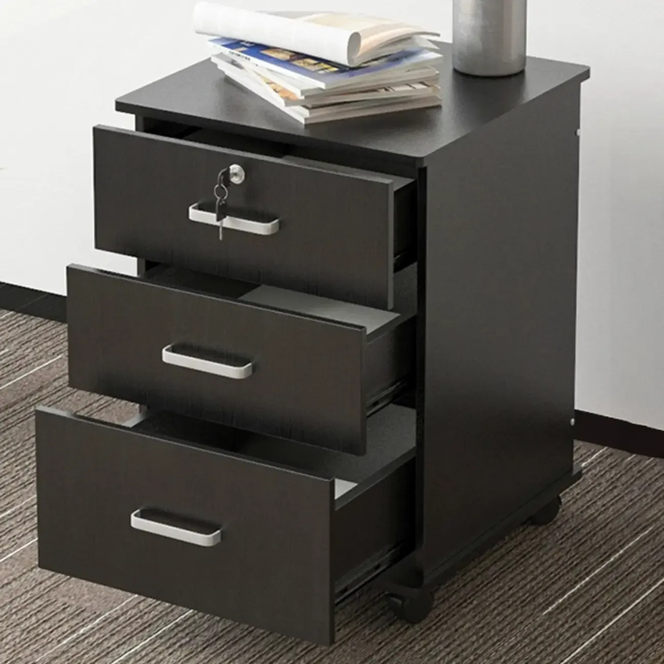 Lokable Brown-White Wood 3 Drawers Mobile Filing Cabinet