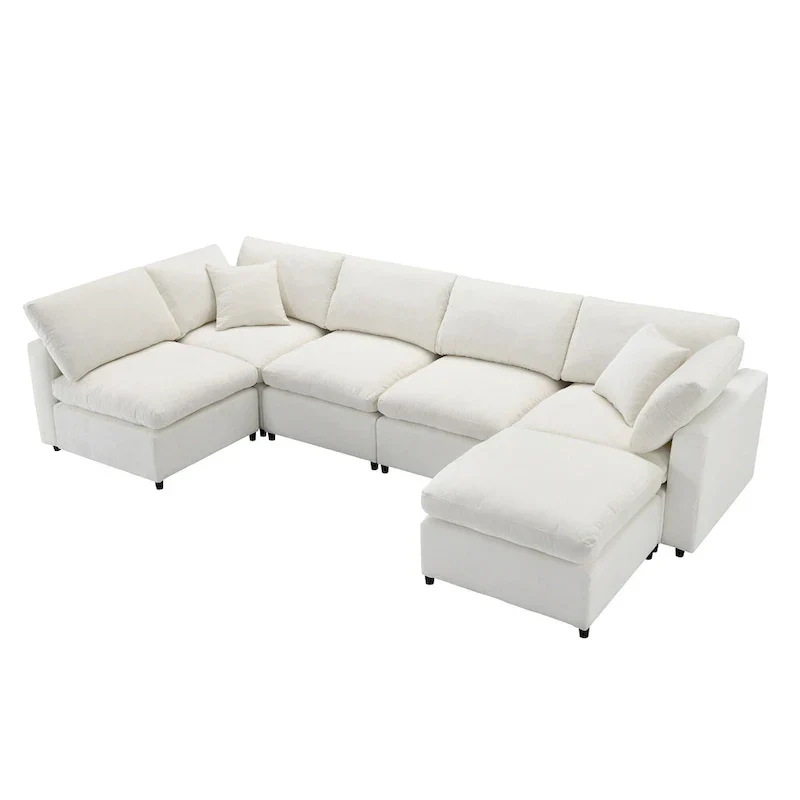 Beige 130 Chenille Cloud U-Shaped Sleeper Sectional Sofa, 6-Piece Modular Design