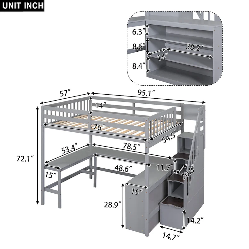 Gray Full Pine Wood Loft Bed with L-Shaped Desk