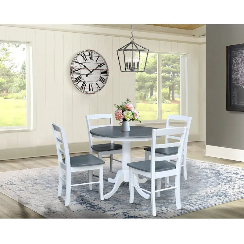 International Concepts Solid Wood 36 Round Pedestal Dining Table with 4 Madrid Ladderback Chairs