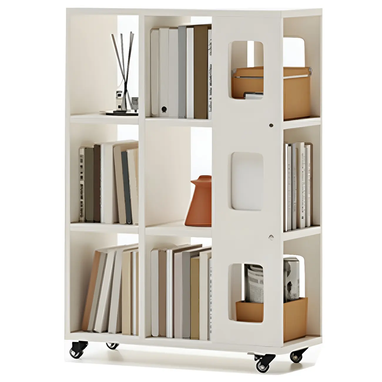 Mid-Century Nut-Brown Wood 5-Tier Bookcase on Wheels