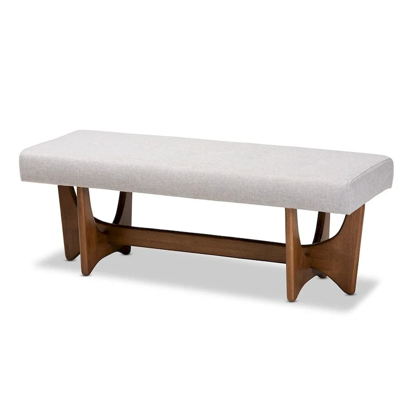 Mid-Century Modern Fabric Upholstered Walnut Finished Bench - 17.9 High x 48.8 Wide x 18.3 Deep