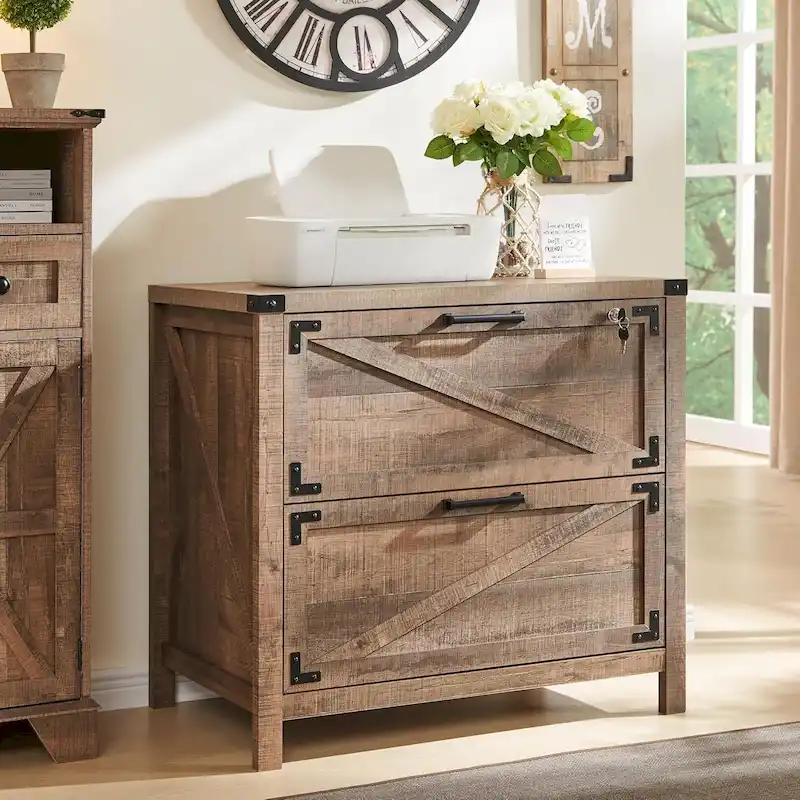 Farmhouse 2 Drawer File Cabinet, Lateral Filing Cabinet with Lock
