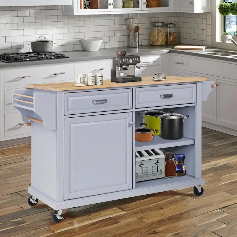 Cambridge Natural Wood Top Kitchen Island with Storage, Easy-Glide Drawers and Heavy-Duty Casters