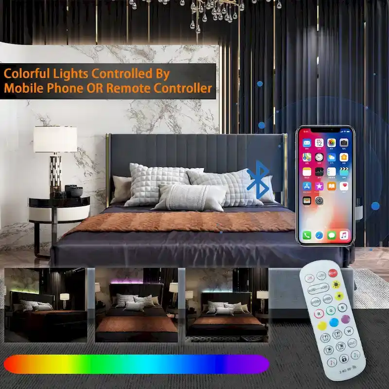 Modern Illuminated Bed Frame with Gold Trim - Chic Upholstered Design