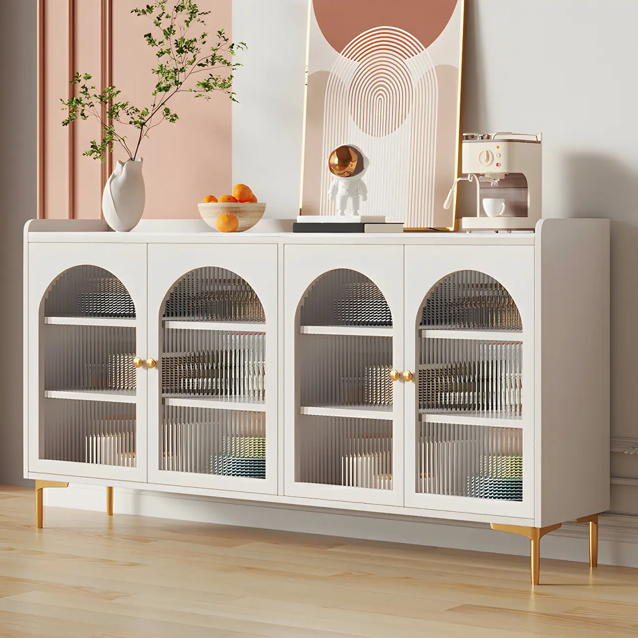 Glam White Wooden Buffet Table with Drawers & Shelves