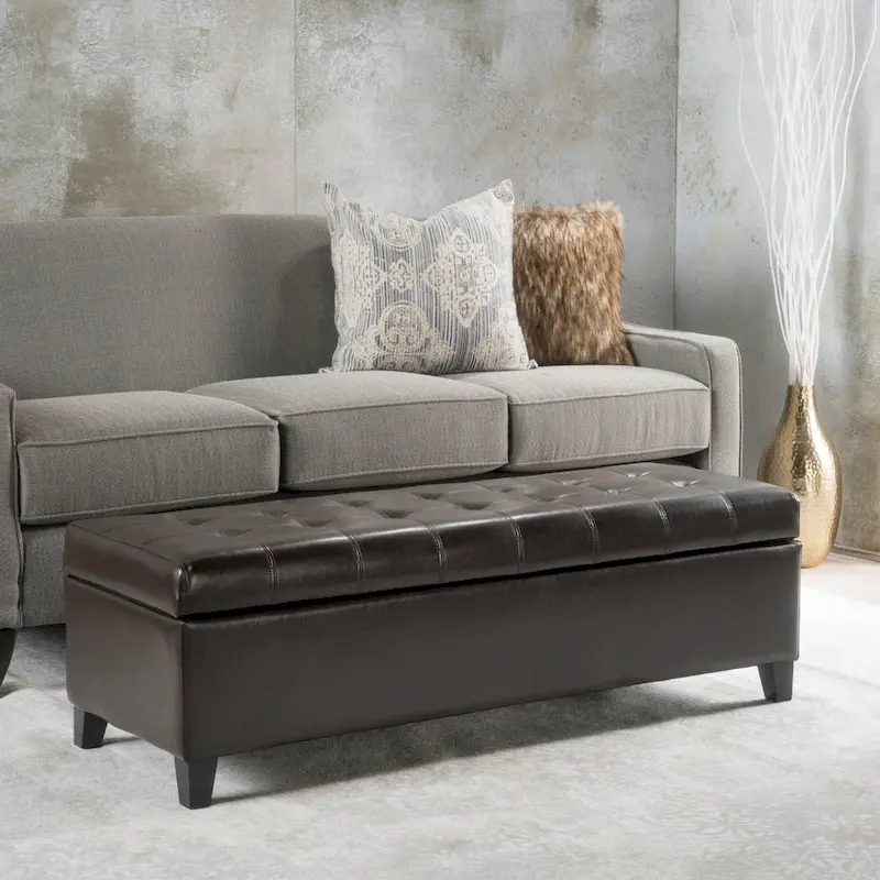 Brown Tufted Faux Leather Storage Ottoman Bench