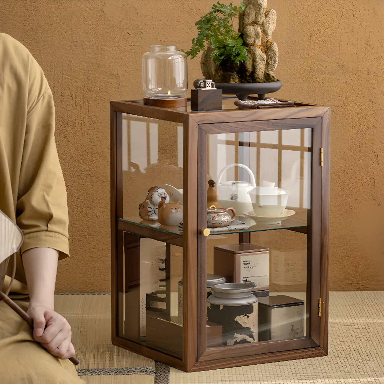 Modern Brown Wood Curio Cabinet with Glass Shelves