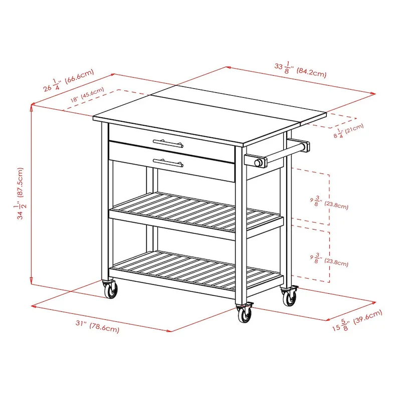 Langdon Kitchen Cart, Drop Leaf, Cappuccino and Natural - 36.57 x 26.42 x 34.45 inches