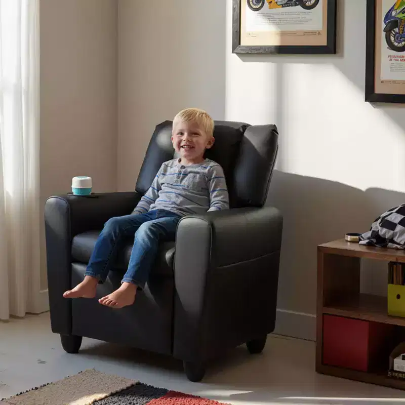 Kids Recliner Chair with Cup Holder – Beige / Black / Brown / Pink, Push-Back Style, 1-Seat