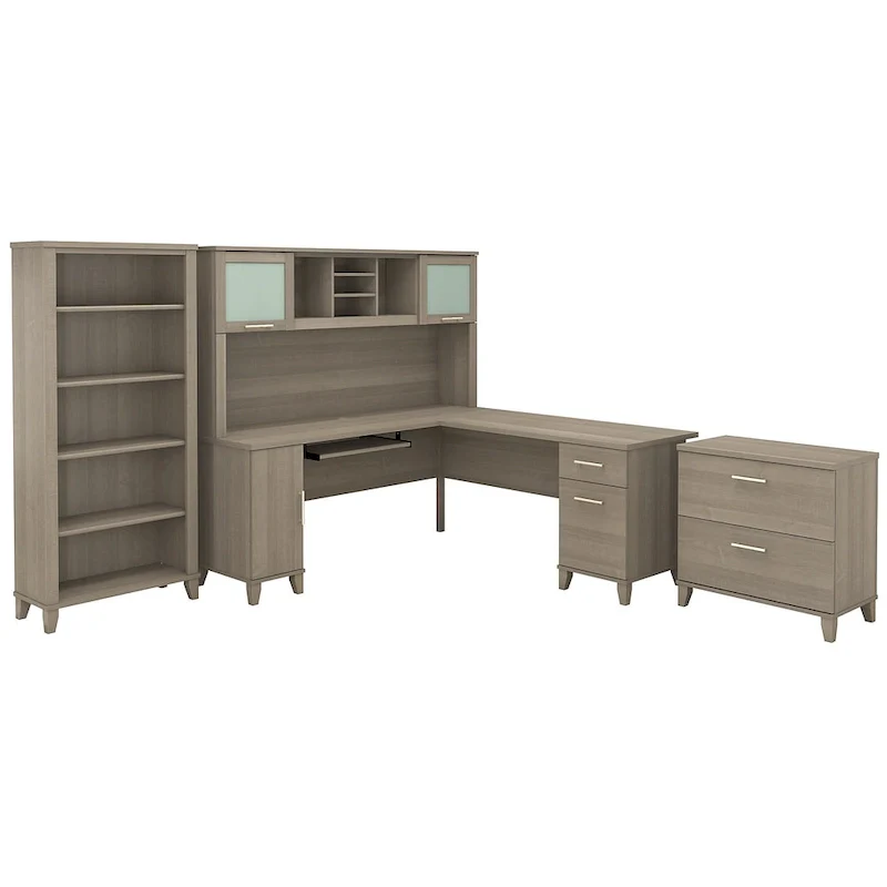 Somerset 72W L Shaped Desk with Hutch, Cabinet and Bookcase in Gray